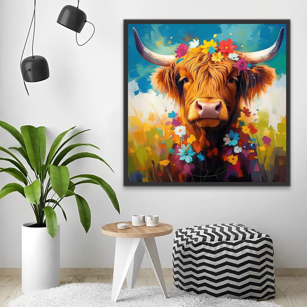 Highland Cow and Colorful Flowers Paint by Numbers