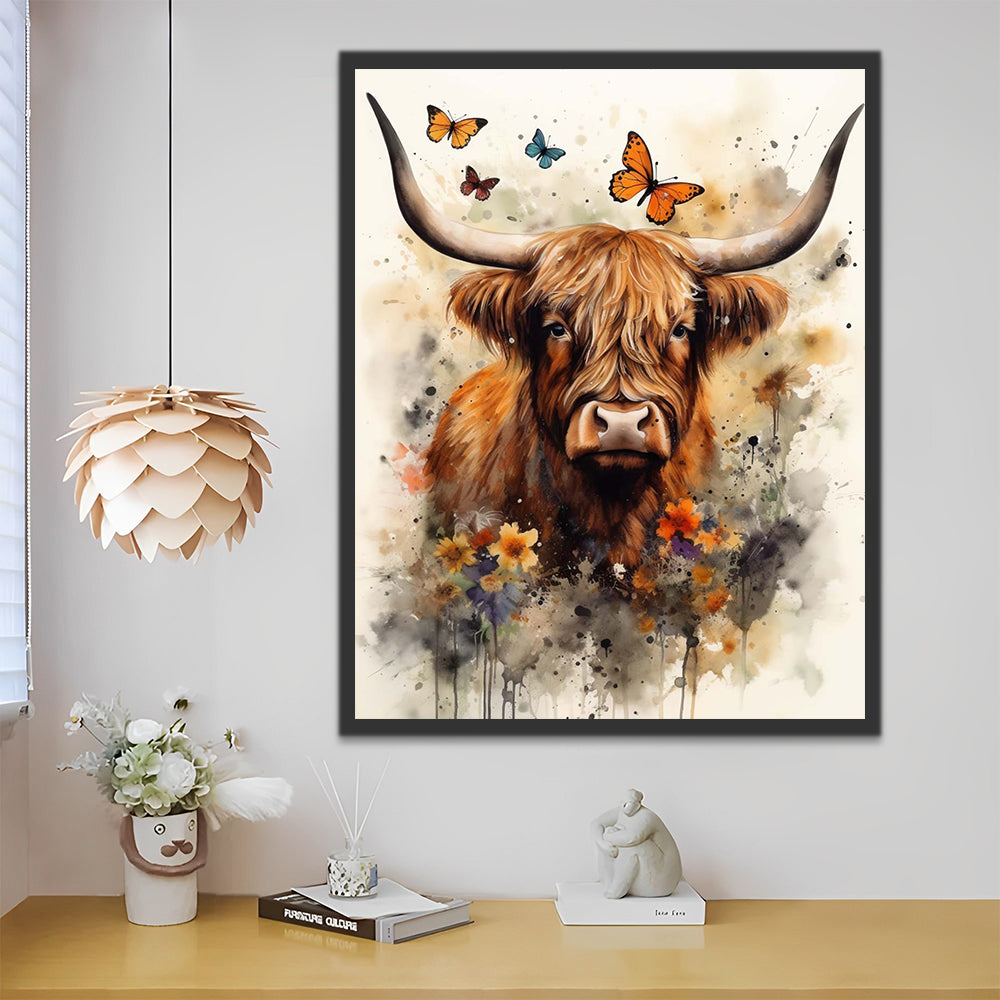 Highland Cow, Butterflies and Watercolor Paint by Numbers