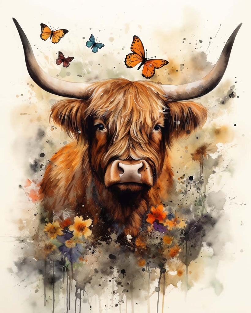 Highland Cow, Butterflies and Watercolor Paint by Numbers