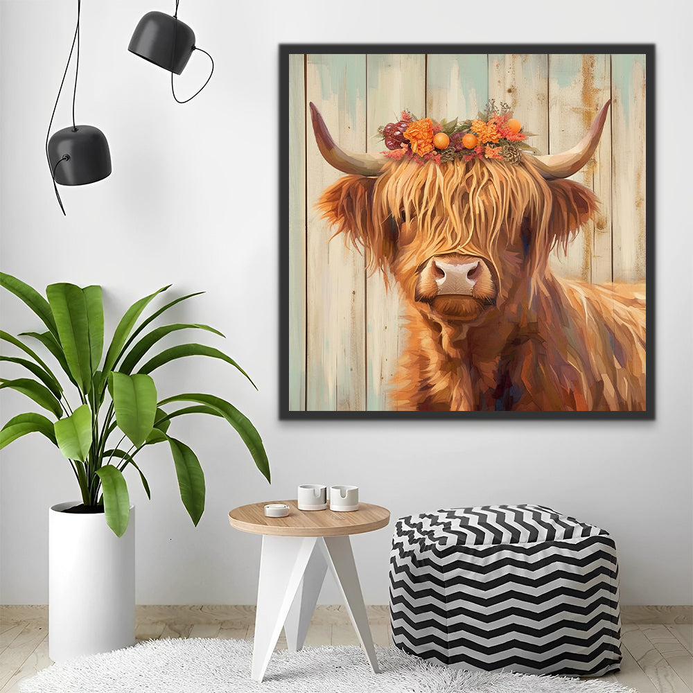 Highland Cow with Flowers on the Head Paint by Numbers