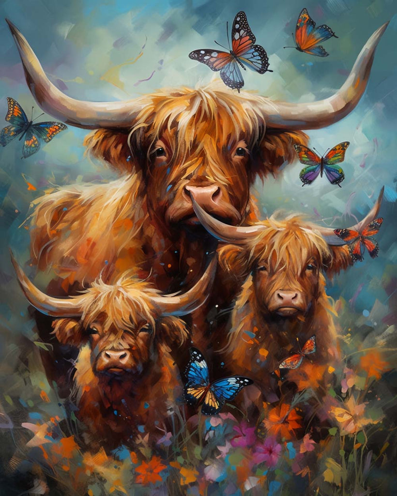 Highland Cows and Butterflies Paint by Numbers