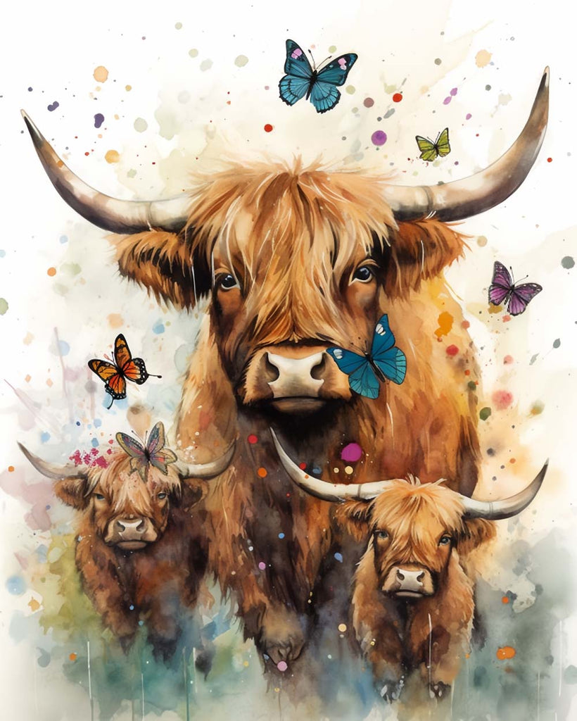 Highland Cows and Butterflies Paint by Numbers