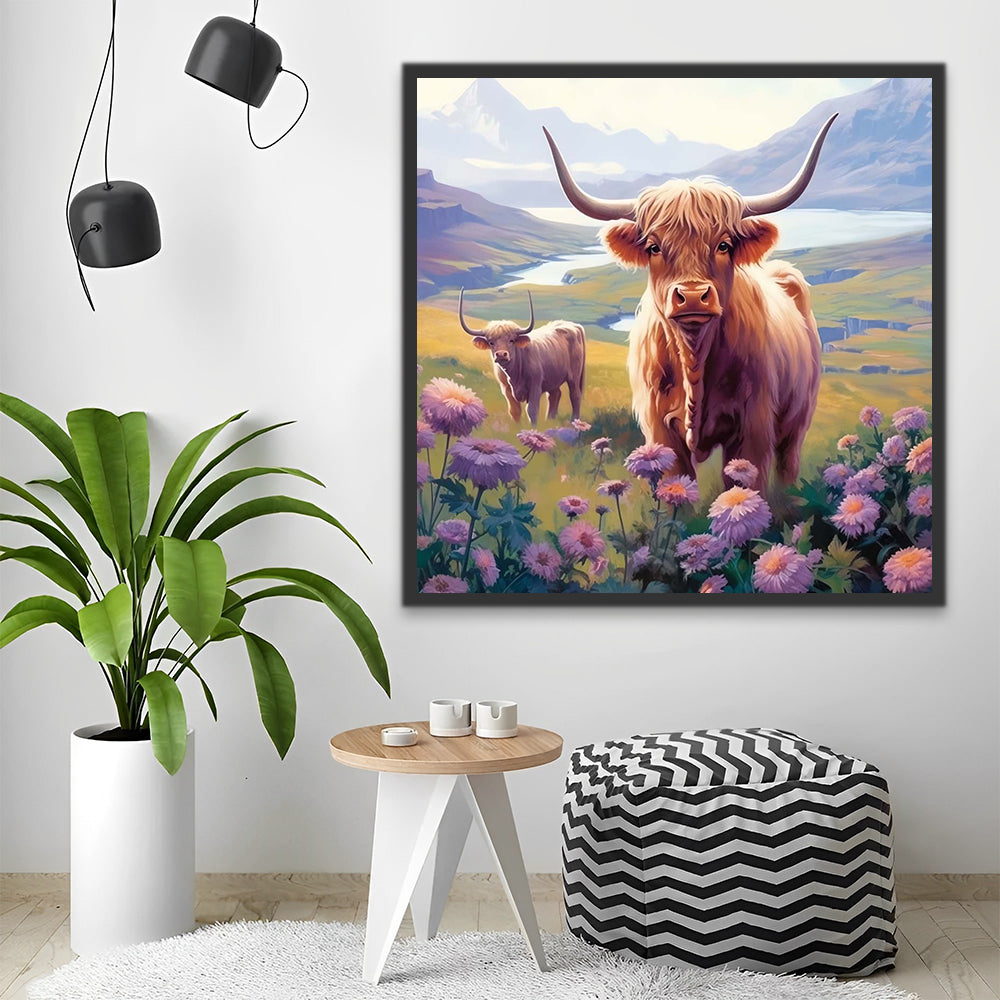 Highland Cows and Purple Flowers Paint by Numbers