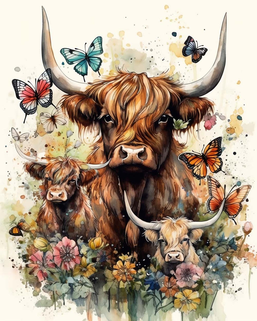 Highland Cows in Watercolor Style Paint by Numbers