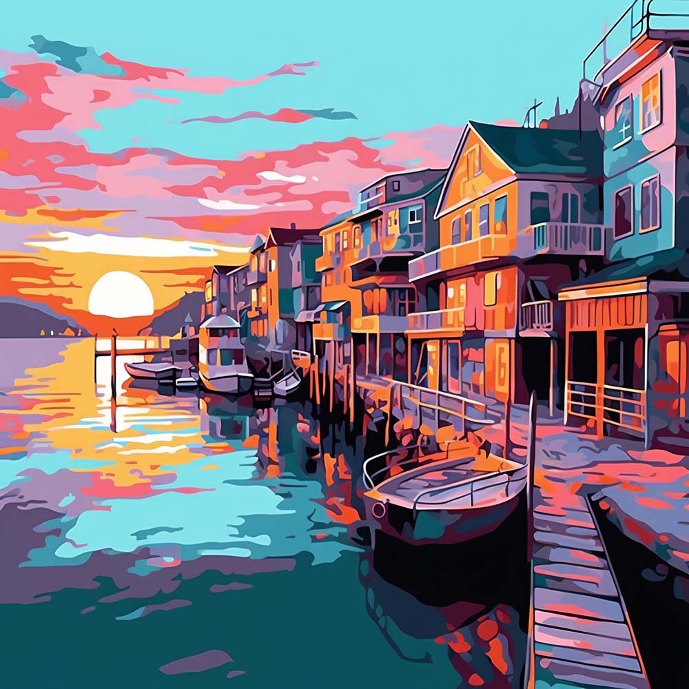 Houses by the Sea at Sunset Paint by Numbers