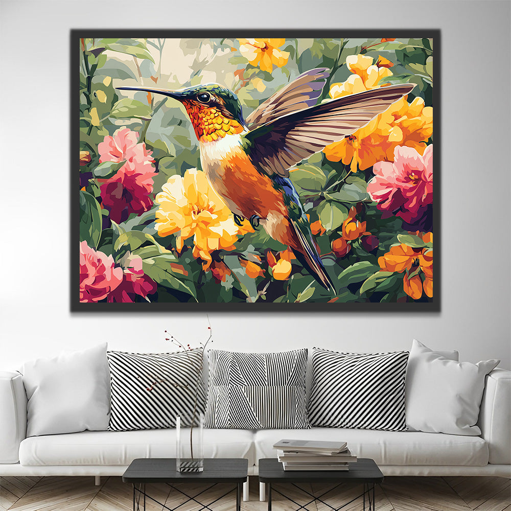 Hummingbird in the Dense Flowers Paint by Numbers