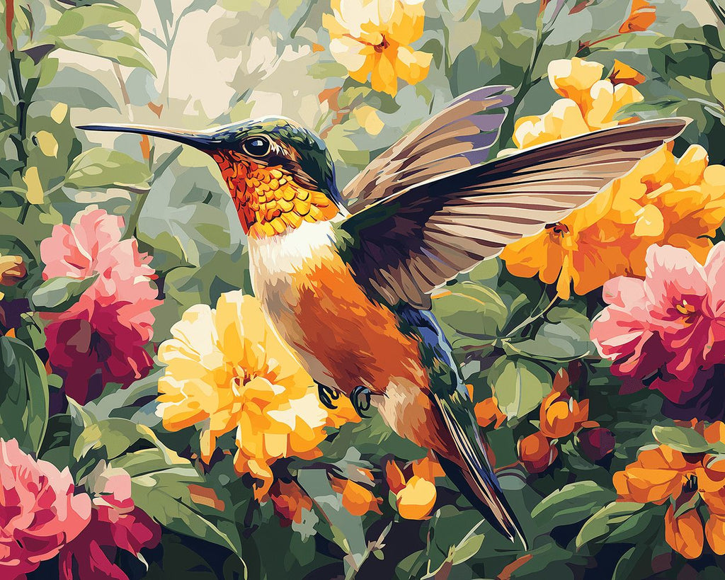 Hummingbird in the Dense Flowers Paint by Numbers