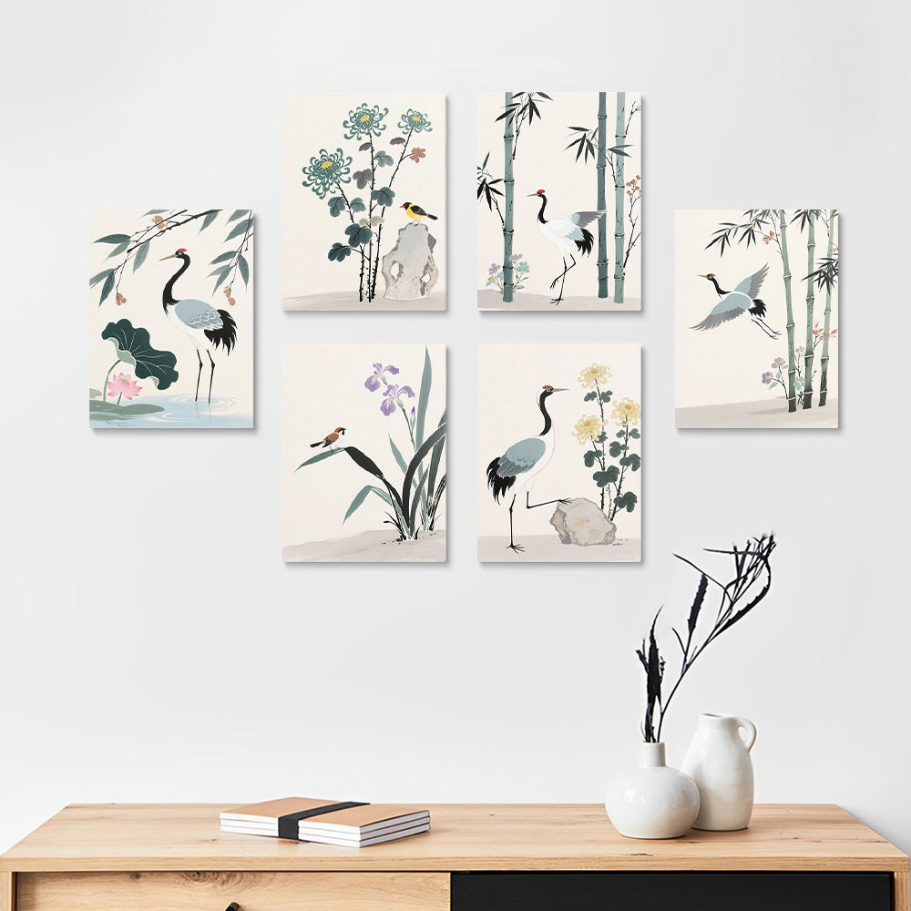Ink Painting of Cranes and Bamboo 6 Pieces Mini Paint by Numbers