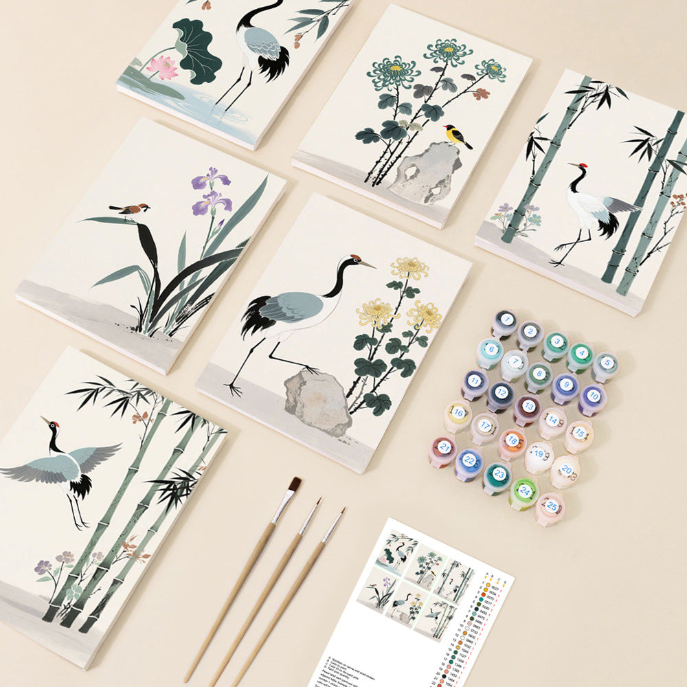 Ink Painting of Cranes and Bamboo 6 Pieces Mini Paint by Numbers