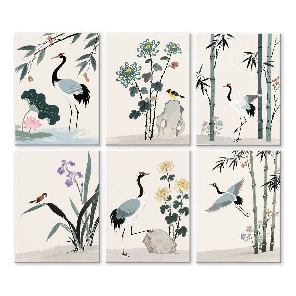 Ink Painting of Cranes and Bamboo 6 Pieces Mini Paint by Numbers