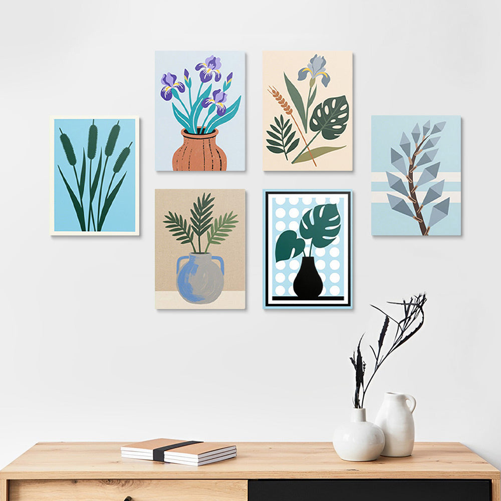 Irises and Monstera Leaves in Vases 6 Pieces Mini Paint by Numbers