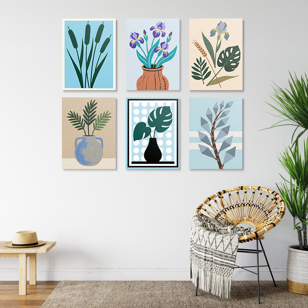 Irises and Monstera Leaves in Vases 6 Pieces Mini Paint by Numbers