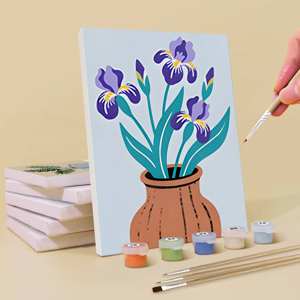 Irises and Monstera Leaves in Vases 6 Pieces Mini Paint by Numbers
