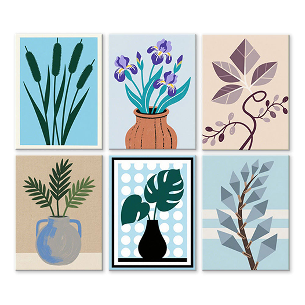 Irises and Monstera Leaves in Vases 6 Pieces Mini Paint by Numbers