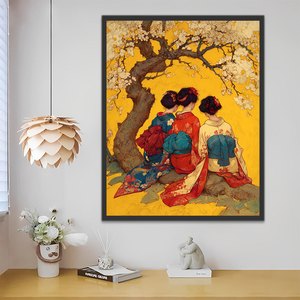 Japanese Women under the Cherry Blossom Tree Paint by Numbers