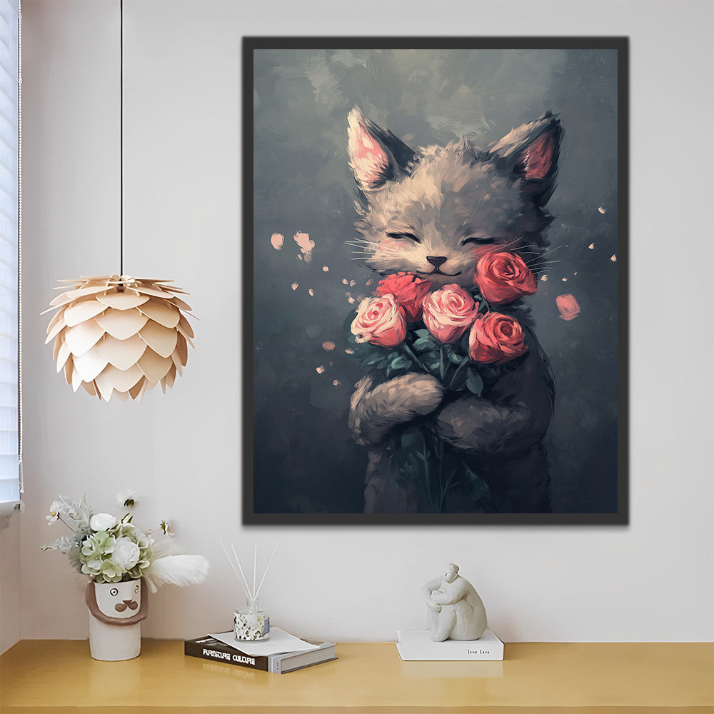 Kitten Holding Red Roses Paint by Numbers