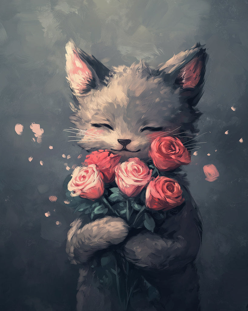 Kitten Holding Red Roses Paint by Numbers