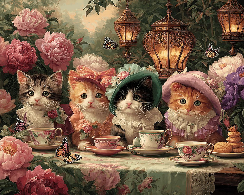 Lady cats in the Peony Garden Paint by Numbers