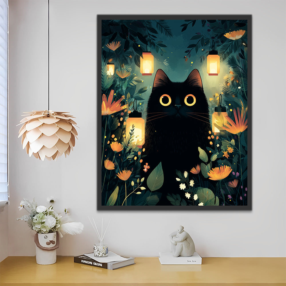Lamps and Black Cat among Flowers Paint by Numbers