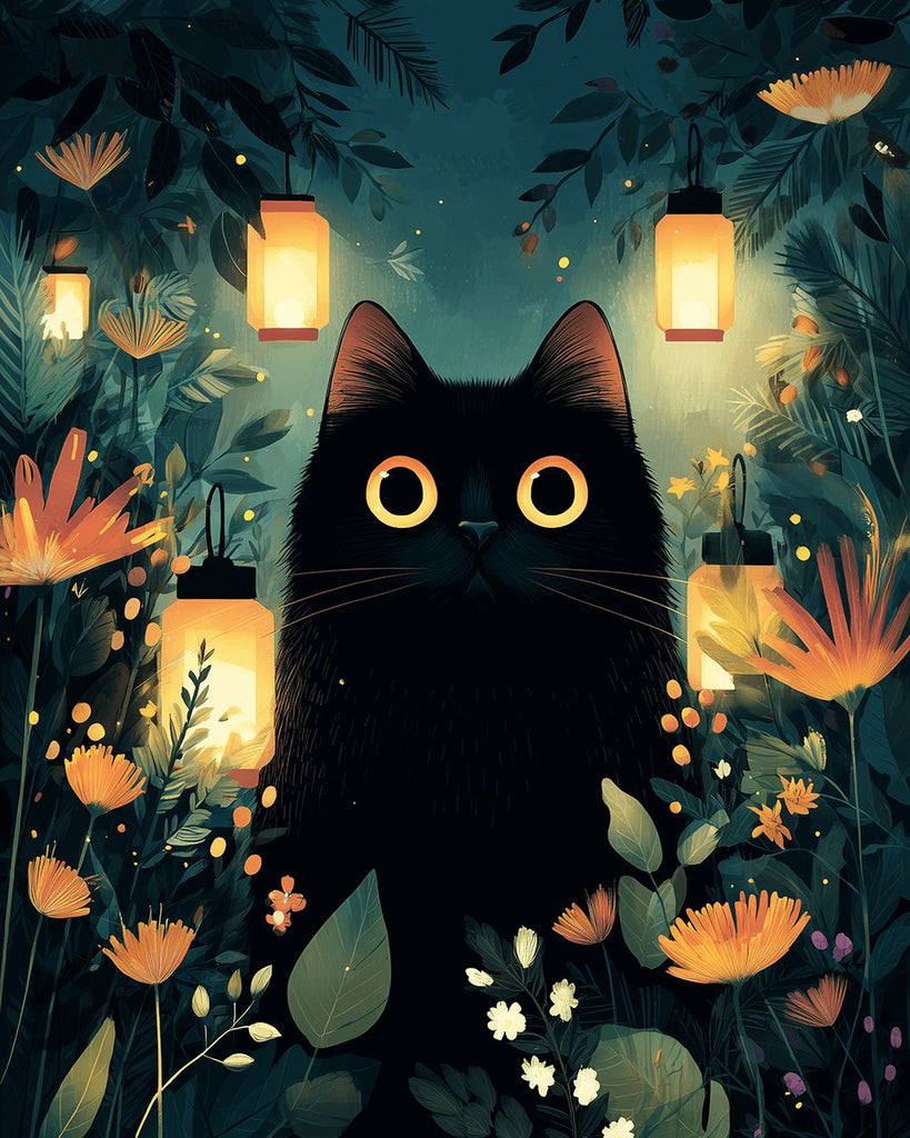 Lamps and Black Cat among Flowers Paint by Numbers