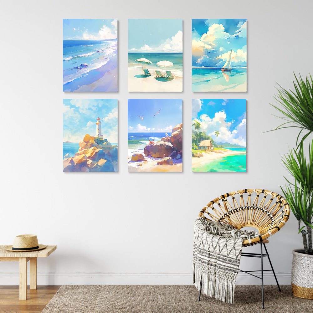 Lighthouse and Boat on the Seashore 6 Pieces Mini Paint by Numbers