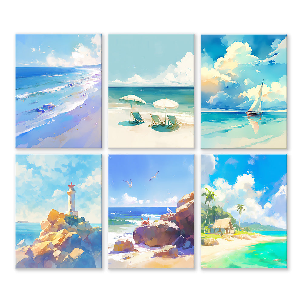 Lighthouse and Boat on the Seashore 6 Pieces Mini Paint by Numbers