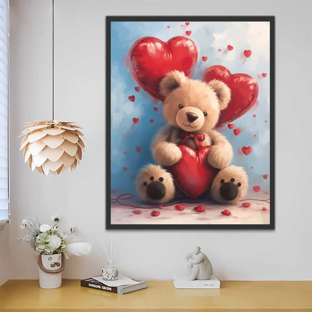 Little Bear Holding Heart Balloons Paint by Numbers