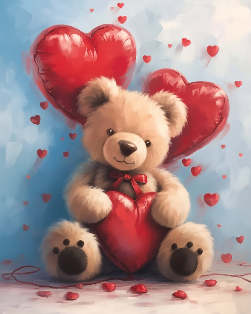 Little Bear Holding Heart Balloons Paint by Numbers