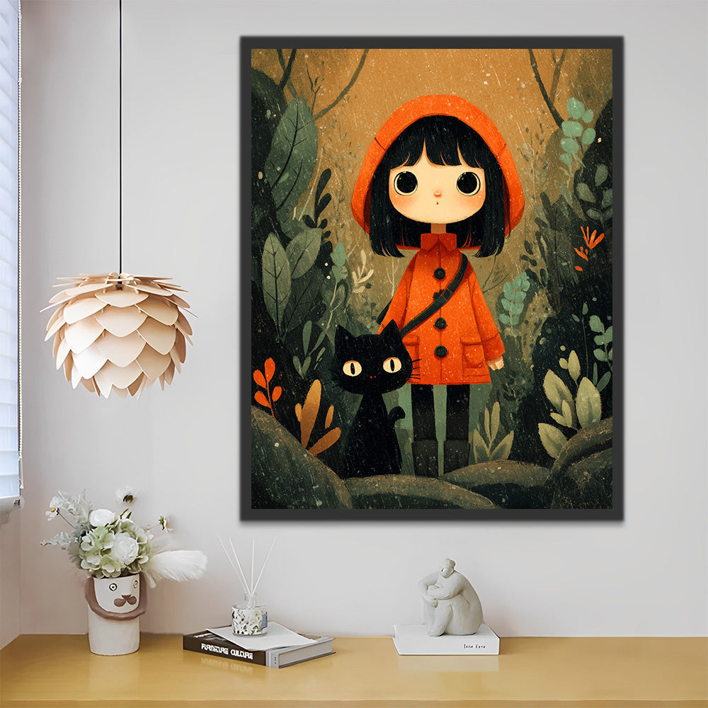 Little Red Riding Hood Girl and Cat in the Jungle Paint by Numbers