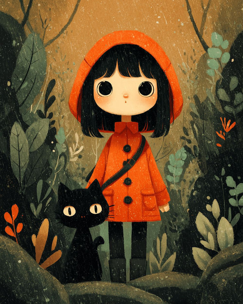 Little Red Riding Hood Girl and Cat in the Jungle Paint by Numbers