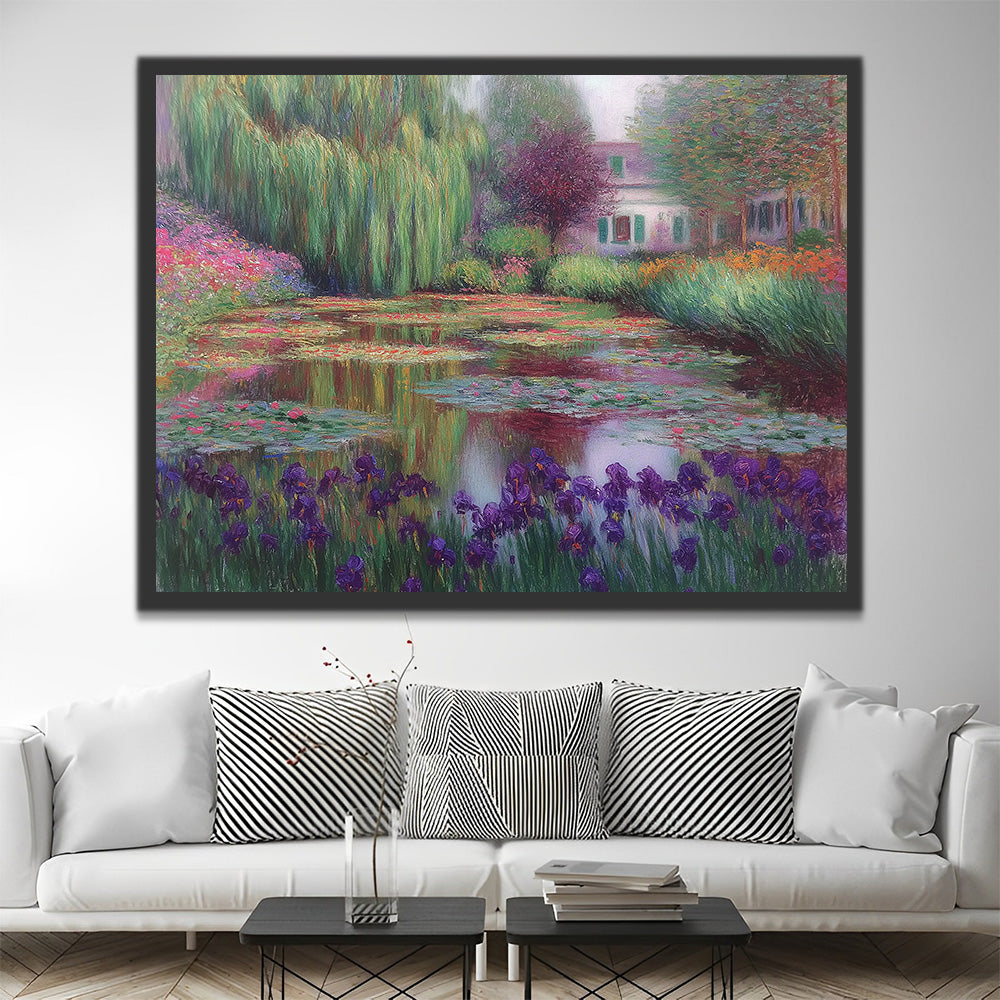 Lotus Pond and Purple Iris Bushes in the Countryside Paint by Numbers
