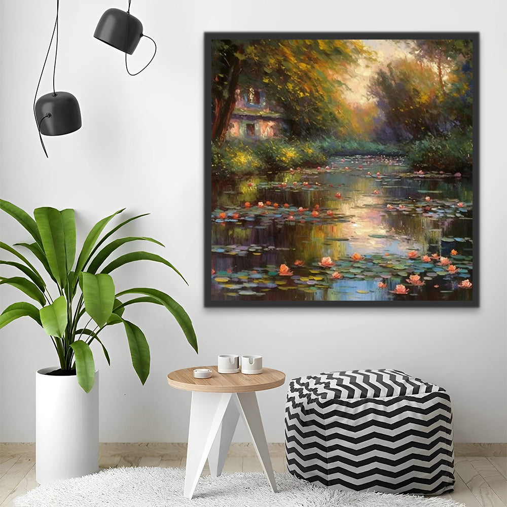 Lotus Pond in Oil Painting Style Paint by Numbers