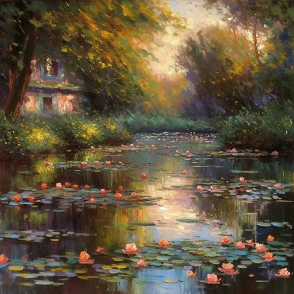 Lotus Pond in Oil Painting Style Paint by Numbers