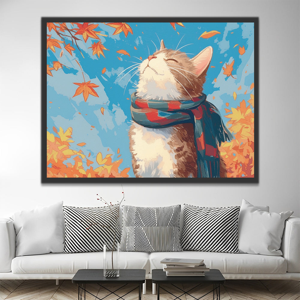 Maple Leaves and Cat Wearing Scarf Paint by Numbers