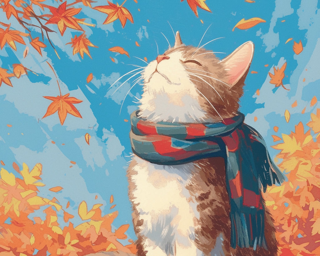 Maple Leaves and Cat Wearing Scarf Paint by Numbers