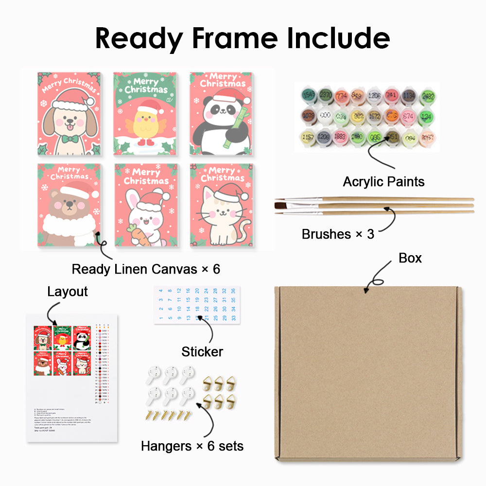 Merry Christmas to Cartoon Animals 6 Pieces Mini Paint by Numbers 
