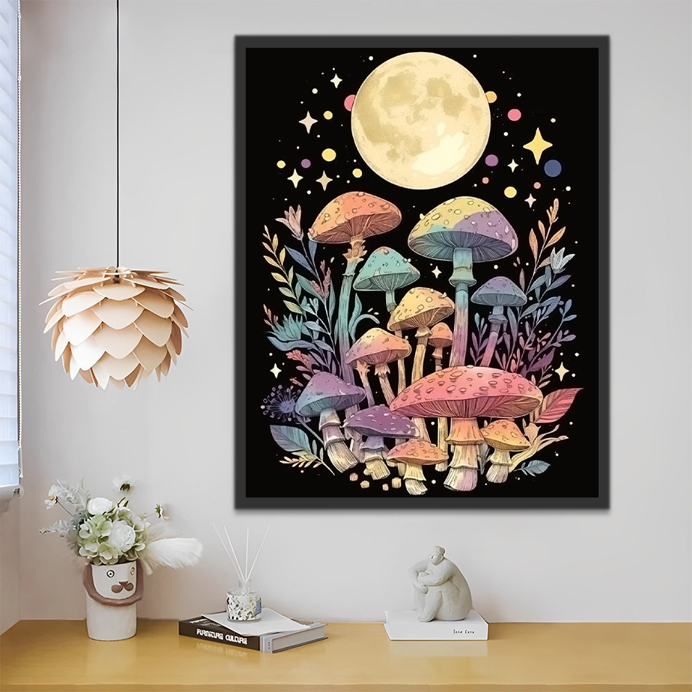 Moon and Colourful Mushrooms Paint by Numbers