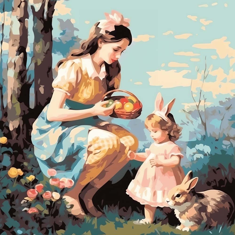 Mother, Daughter and Rabbit Paint by Numbers