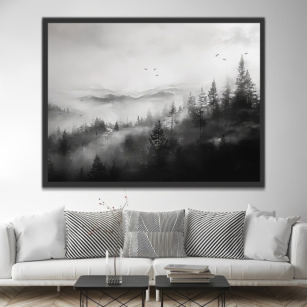 Mountain Forest in Black and White Style Paint by Numbers