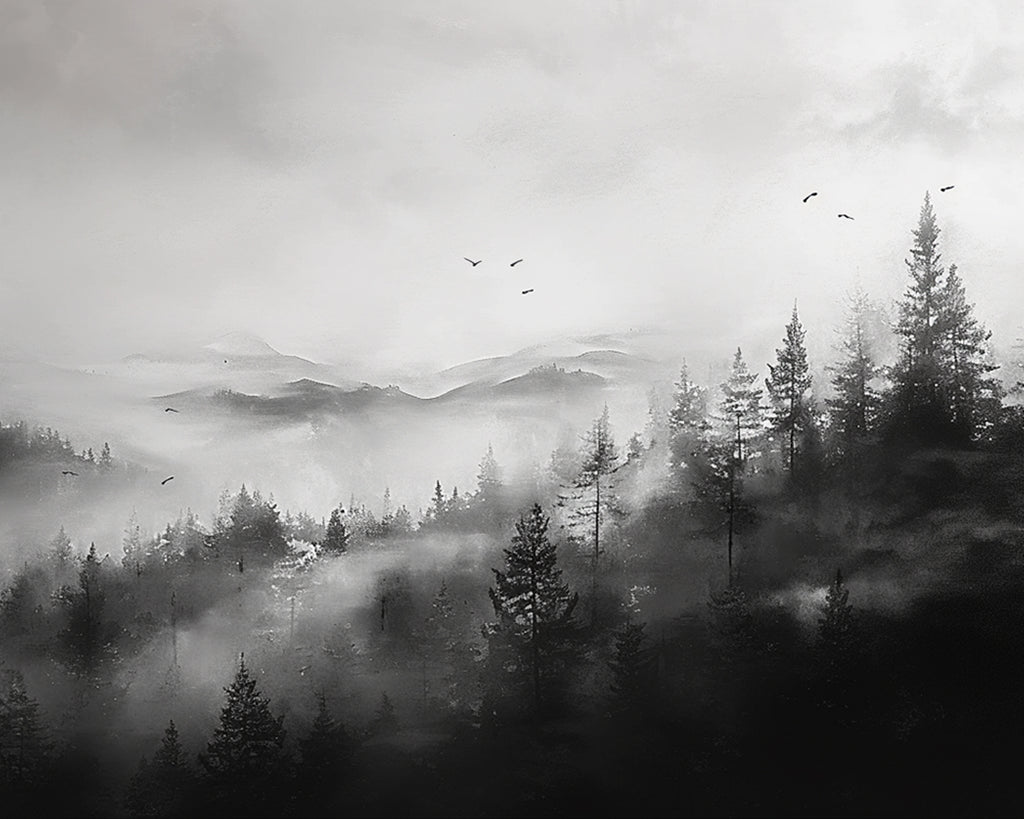 Mountain Forest in Black and White Style Paint by Numbers