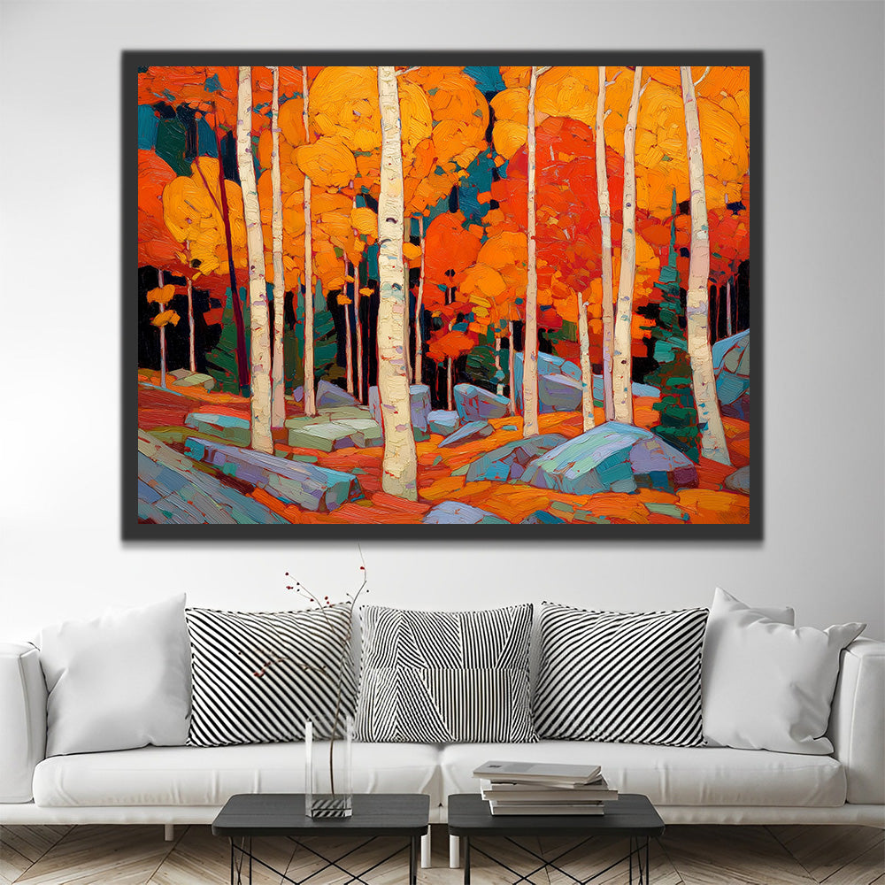 Orange Birch Forest in Autumn Paint by Numbers
