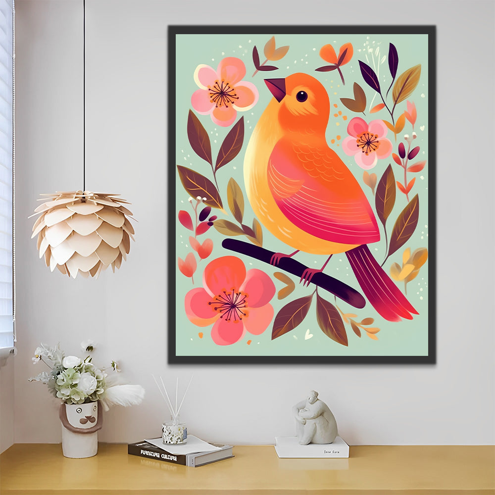 Orange Bird and Pink Flowers Paint by Numbers for Kids