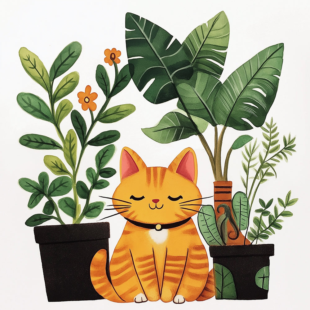 Orange Cat and Potted Green Plants Paint by Numbers