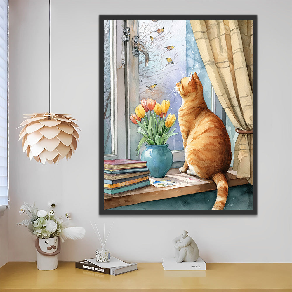 Orange Cat and Tulips on the Windowsill Paint by Numbers