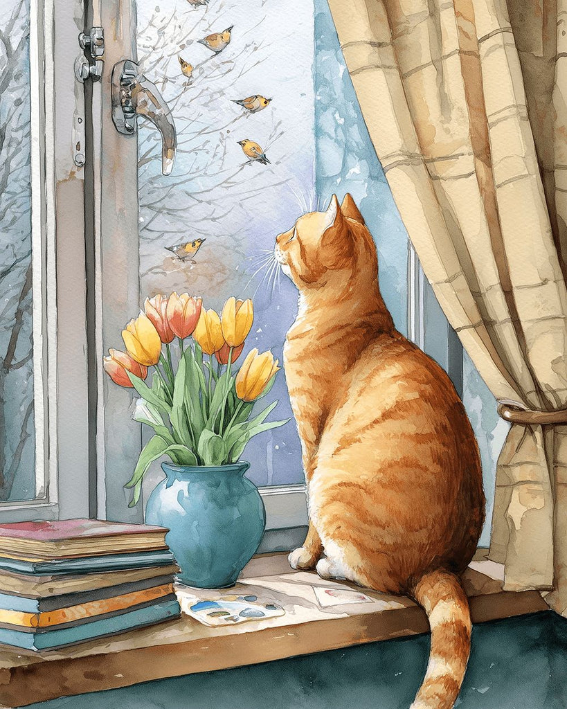 Orange Cat and Tulips on the Windowsill Paint by Numbers