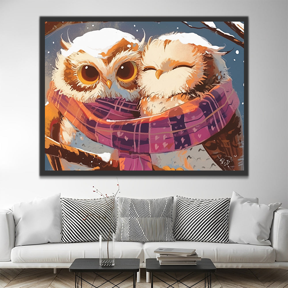 Owls with Scarfs in Snow Paint by Numbers