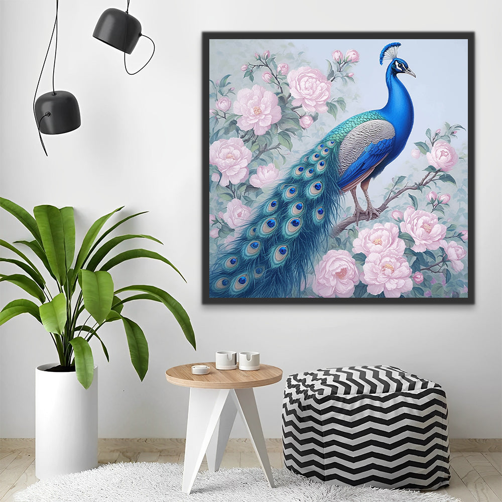 Peacock with Pink Flowers Paint by Numbers