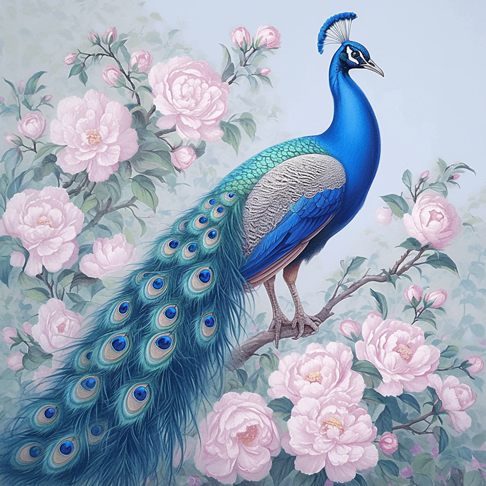 Peacock with Pink Flowers Paint by Numbers