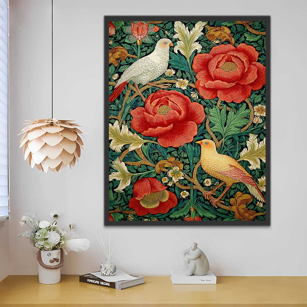 Pigeons among Red Flower Vines Paint by Numbers