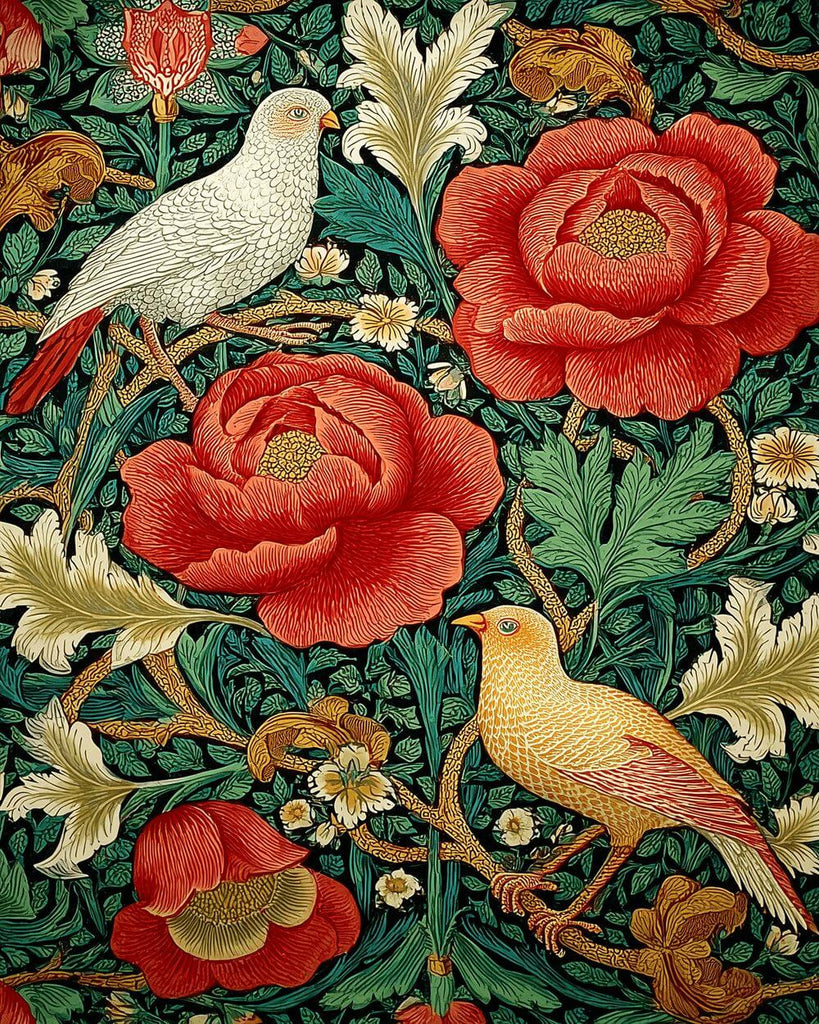 Pigeons among Red Flower Vines Paint by Numbers